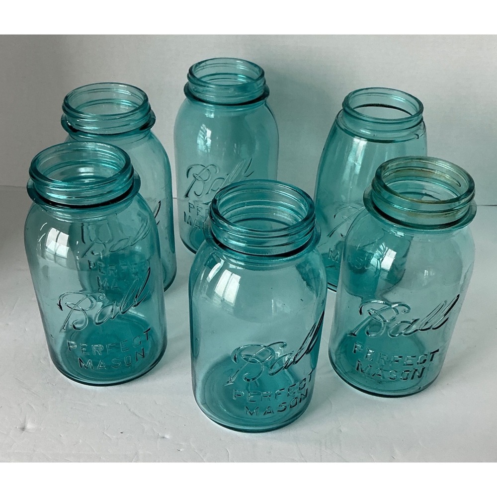 Ball Vintage Perfect Mason Jars Aqua Blue Glass Quart Set of 6 Antique Style